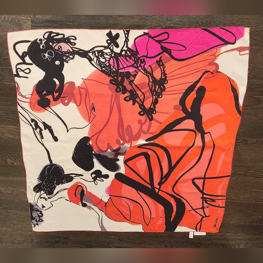 Christian Lacroix Square Silk Scarf Large Italy Coral Pink Orange Cream Black